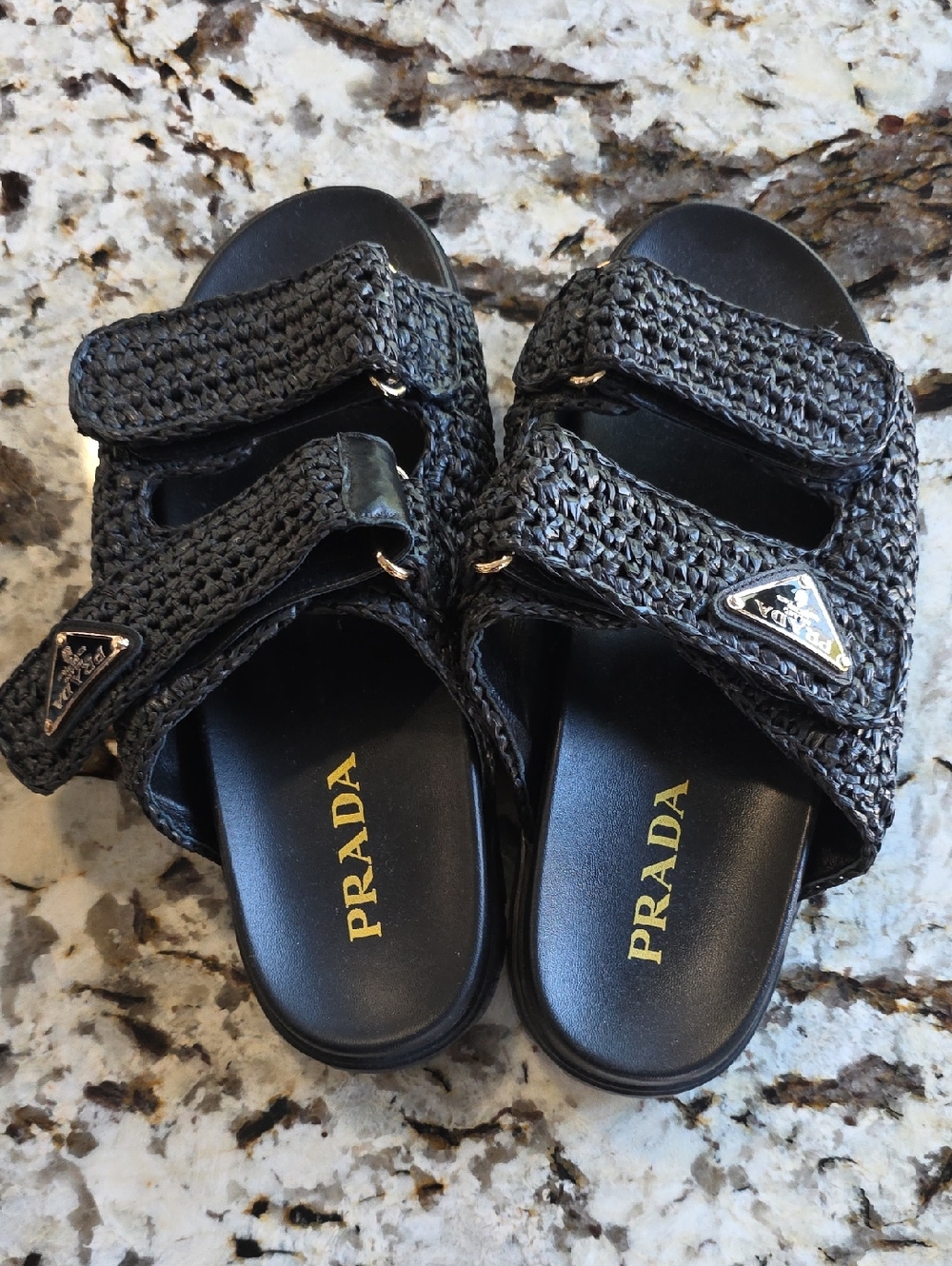Prada Black Woven Kids Slide Sandals with Gold Logo